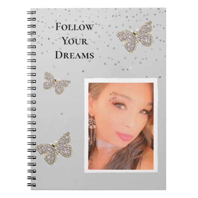 Grey Silver Sparkle Butterflies Your Photo  Notebook (Front)