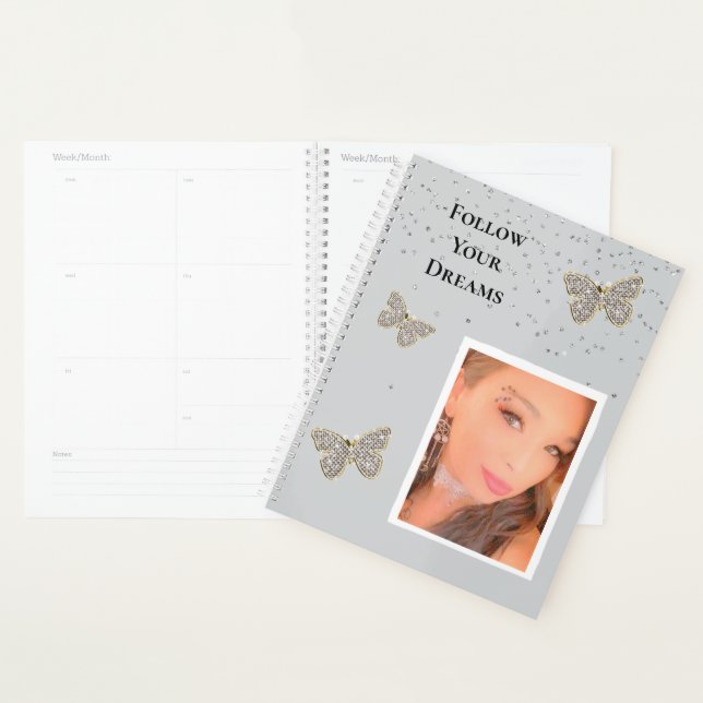 Grey Silver Sparkle Butterflies Your Photo  Planner (Display)