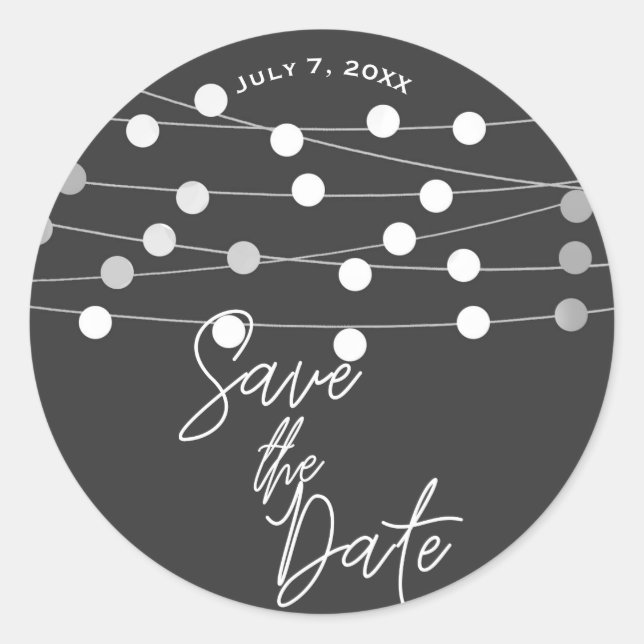 Grey Silver String Lights Wedding Save the Date Classic Round Sticker (Front)