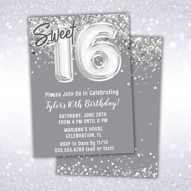 Grey Silver Sweet 16th Birthday Party Invitation (Creator Uploaded)