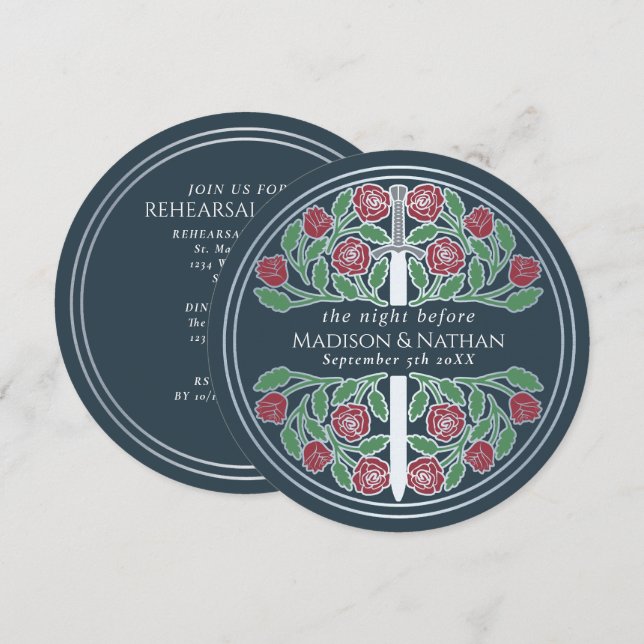 Grey Silver Sword Royal Wedding Rehearsal  Invitation (Front/Back)