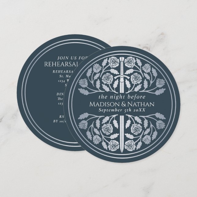 Grey Silver Sword Royal Wedding Rehearsal Invitation (Front/Back)