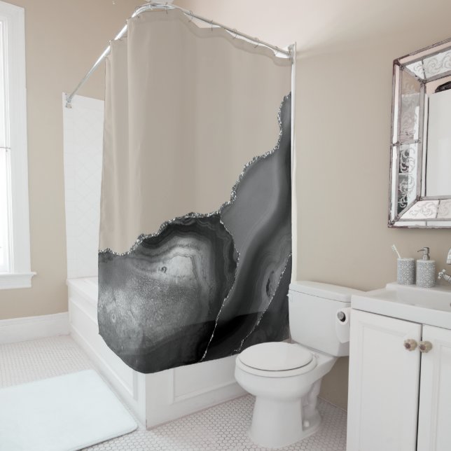 Grey Silver Taupe Tan Agate Stone  Shower Curtain (In Situ)