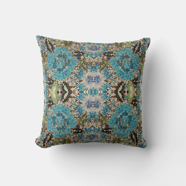 grey silver turquoise teal blue bohemian cushion (Front)
