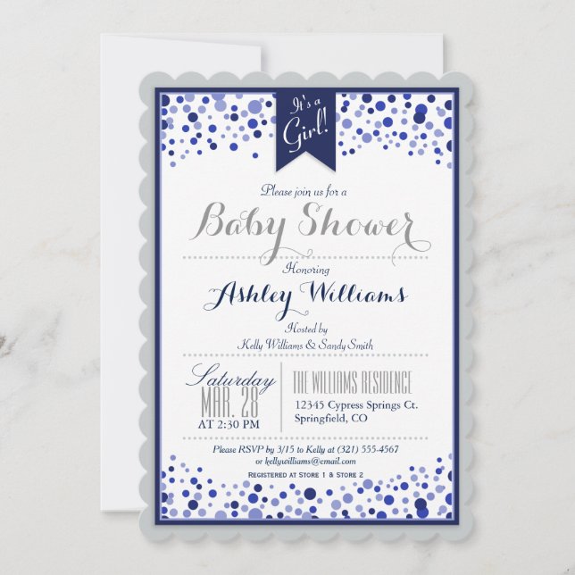 Grey, Silver, White, & Navy Blue Baby Shower Invitation (Front)