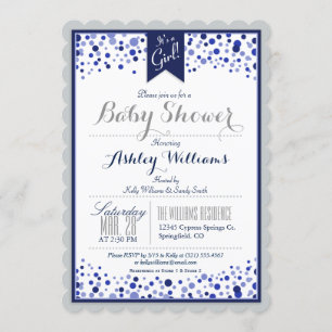 Grey, Silver, White, & Navy Blue Baby Shower Invitation