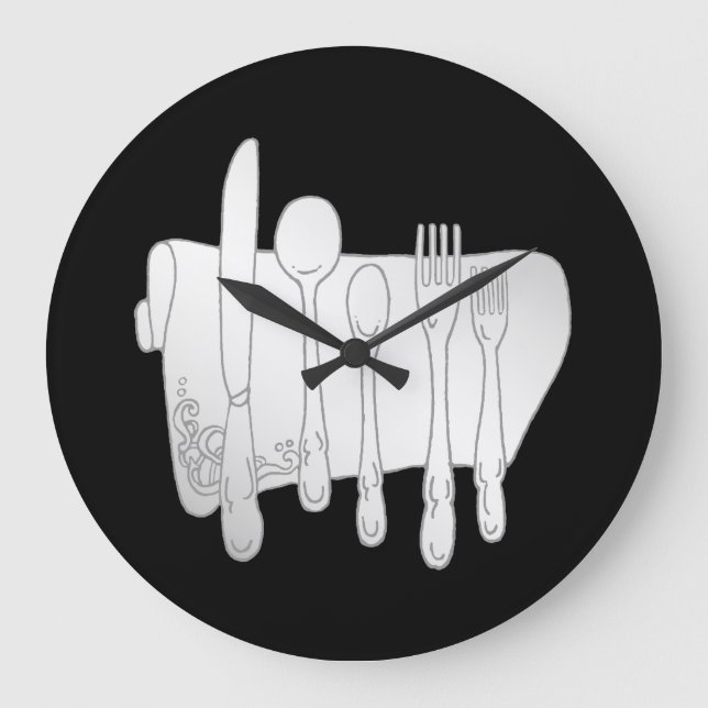 Grey Silverware on Black Kitchen Wall Clock (Front)