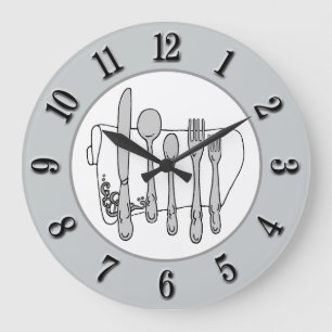Grey Silverware White Napkin Black Number on Grey Large Clock