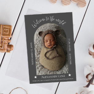 Grey Simple Arch Frame Photo Birth Announcement