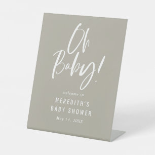 Grey Simple Calligraphy Neutral Baby Shower Pedestal Sign