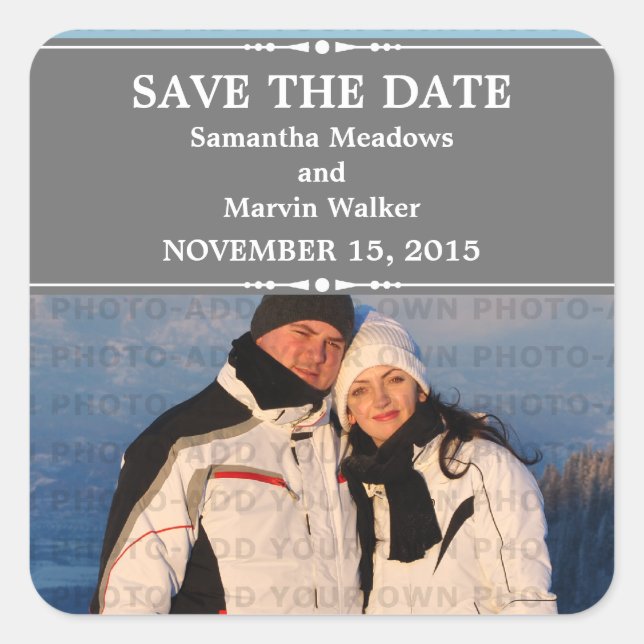 Grey Simple Chic Photo Save the Date Stickers (Front)