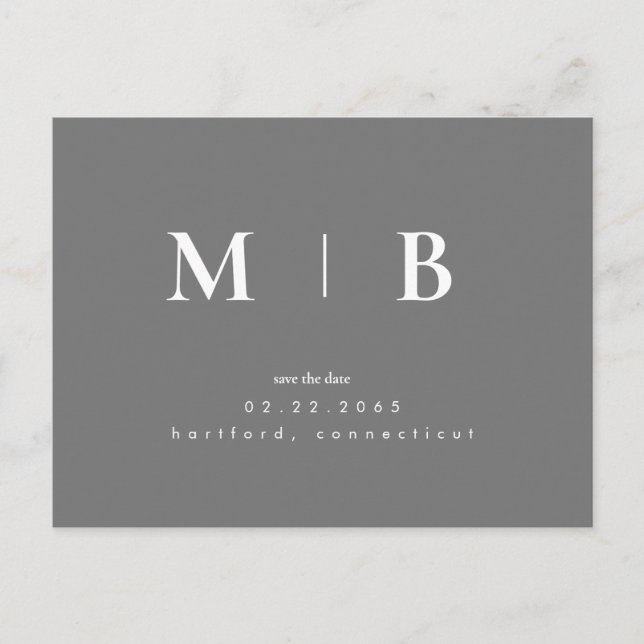 Grey Simple Contemporary Monogram Save the Date Po Postcard (Front)