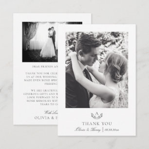 Grey Simple Elegant Monogram Wedding 2 Photo Thank You Card