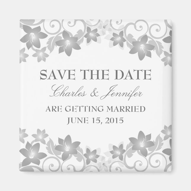 Grey Simple Floral Save the Date Magnet (Front)