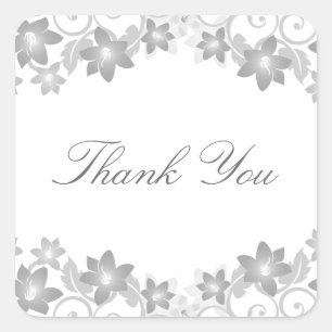 Grey Simple Floral Thank You Stickers