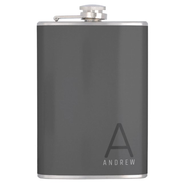 Grey Simple Modern Monogram Personalised Flask (Front)