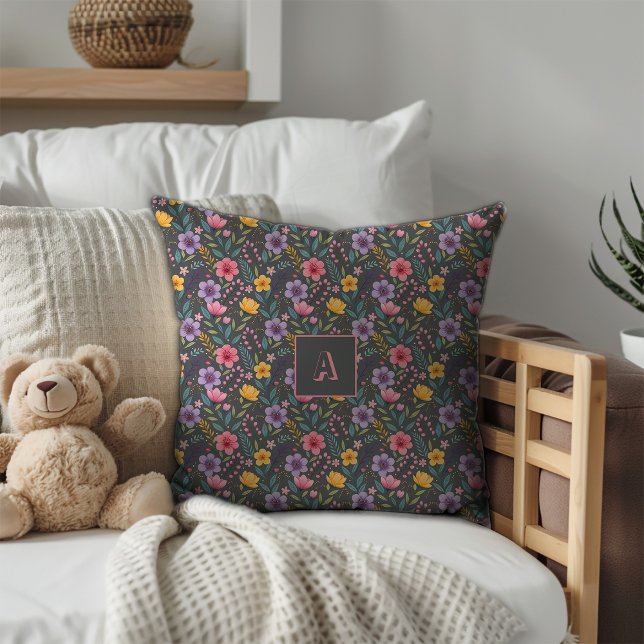 Grey  simple wildflower pattern monogram cushion (Creator Uploaded)