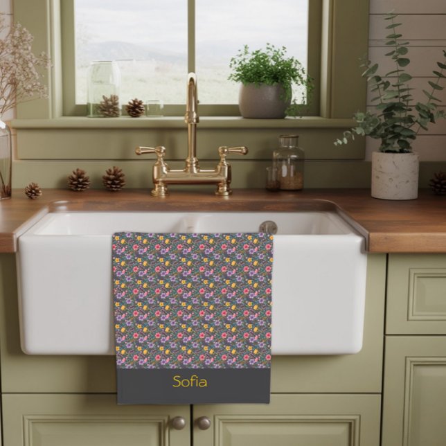 Grey simple wildflower pattern name tea towel (Creator Uploaded)