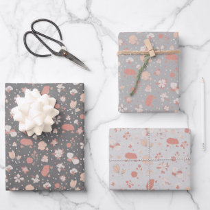 Grey Sketched Flowers Wrapping Paper Sheet
