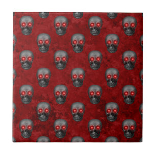 Grey Skull Heart Eyes Red Watercolor Goth Romantic Ceramic Tile