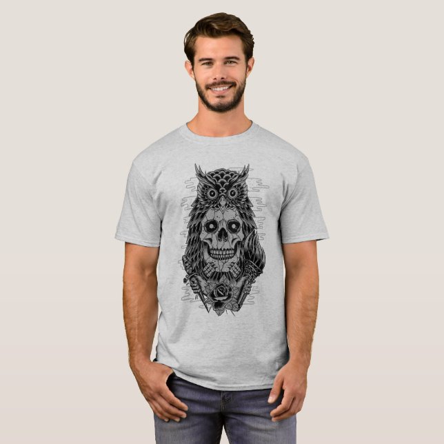 Grey Skull Owl Tattoo Rose T-Shirt (Front Full)