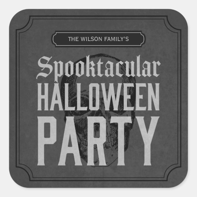 Grey Skull Spooktacular Halloween Party Square Sticker (Front)