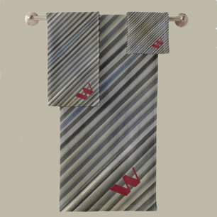 Grey Smokey Monochromatic Stripes Monogrammed Bath Towel Set