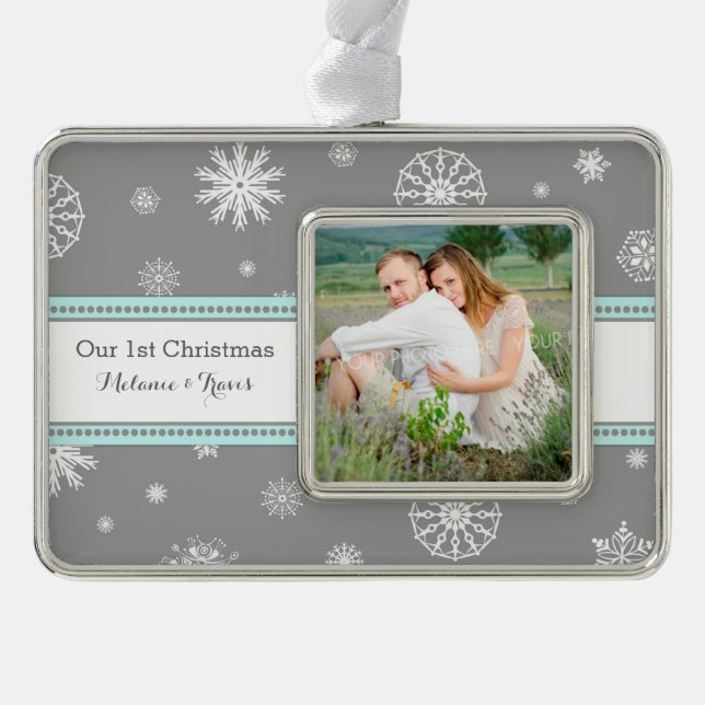 Grey Snow Couples First Christmas Ornament (Front)