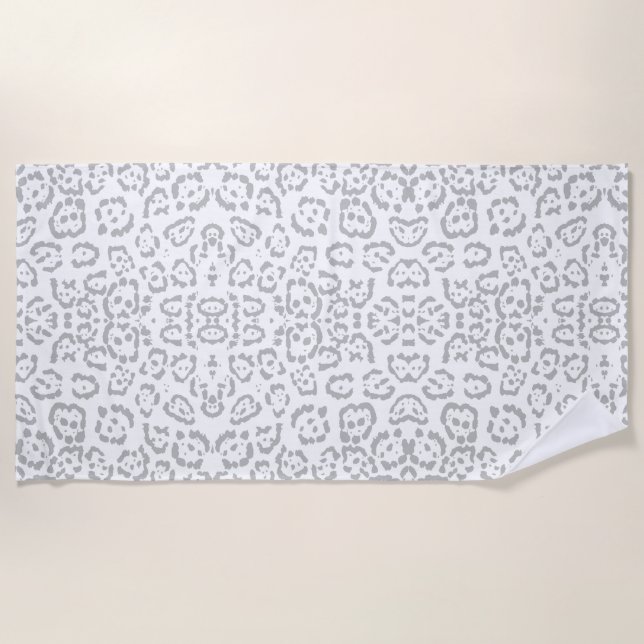 Grey Snow Leopard Cat Animal Print Beach Towel (Front)