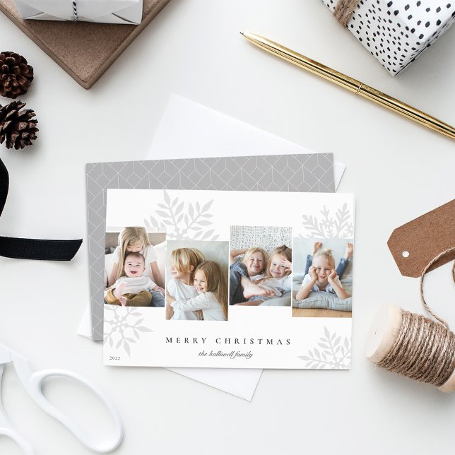 Grey | Snowdrop 4 Photo Collage Holiday Card (Creator Uploaded)