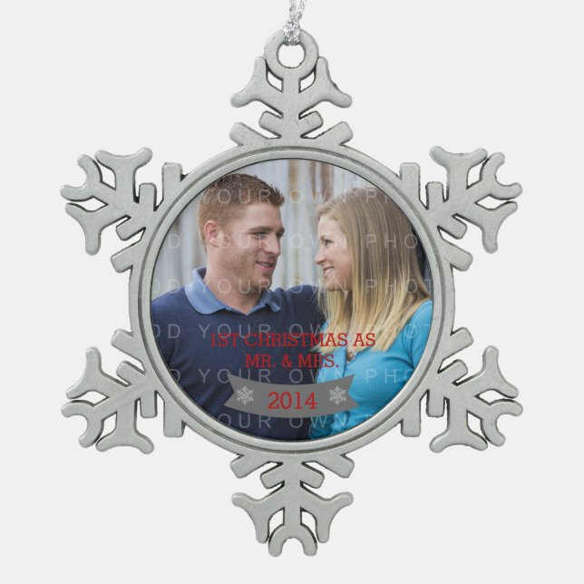 Grey Snowflake Banner Holiday Photo Ornament v2 (Front)