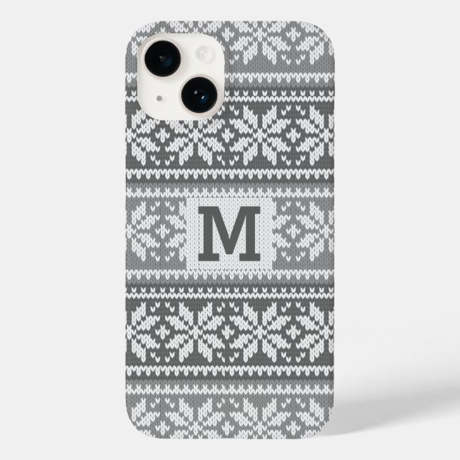 Grey Snowflake Faux Knit Sweater Pattern Monogram Case-Mate iPhone Case (Back)