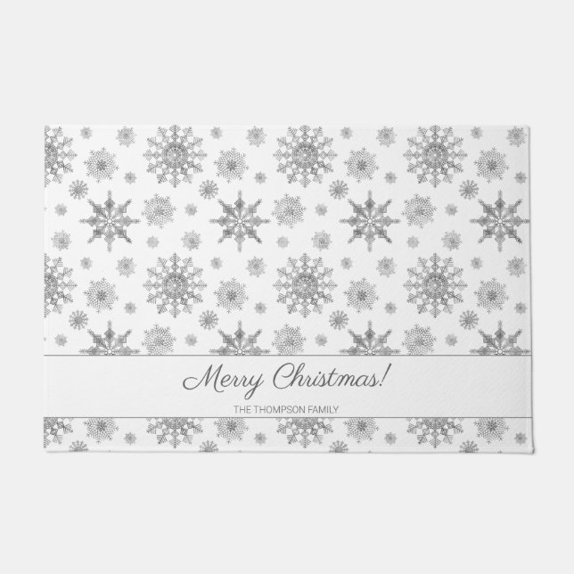Grey Snowflakes And Custom Family Name Doormat (Front)