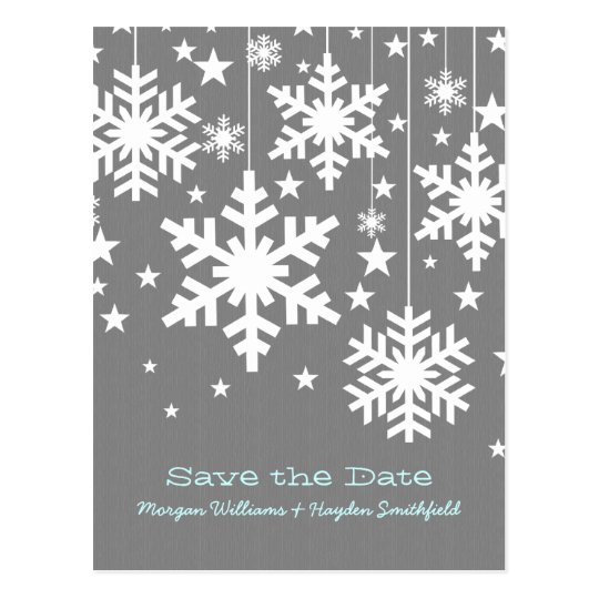 Grey Snowflakes and Stars Save the Date Postcard