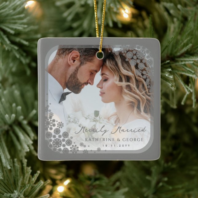 Grey Snowflakes Frame Modern Holiday Wedding Photo Ceramic Ornament (Tree)