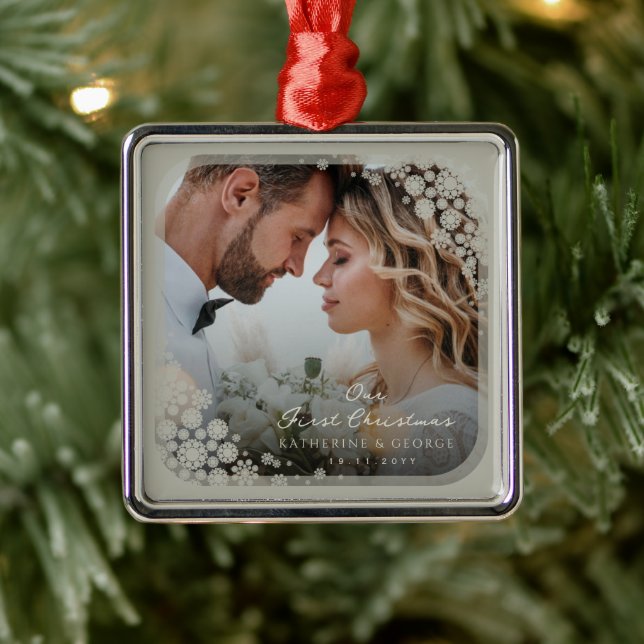 Grey Snowflakes Frame Modern Holiday Wedding Photo Metal Ornament (Tree)