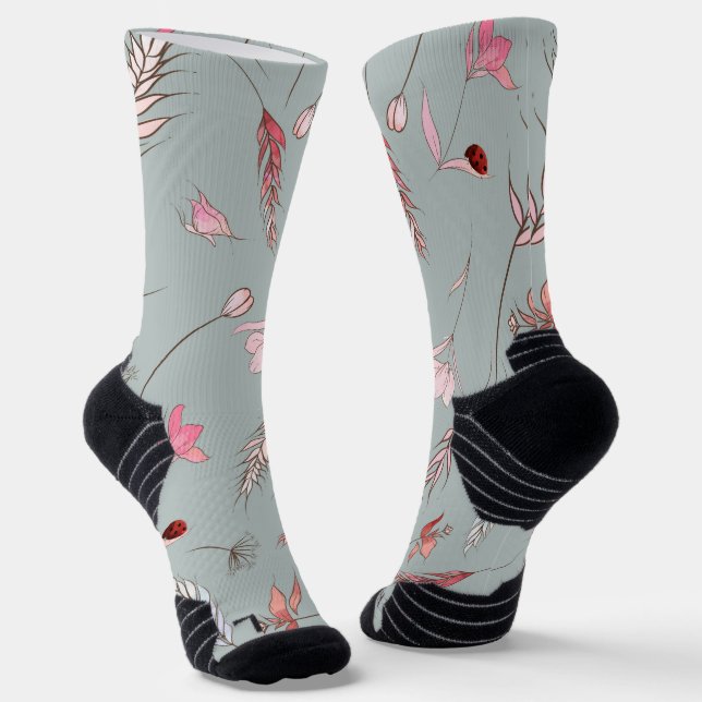 Grey socks with black toes, adorned with pink  (Angled)