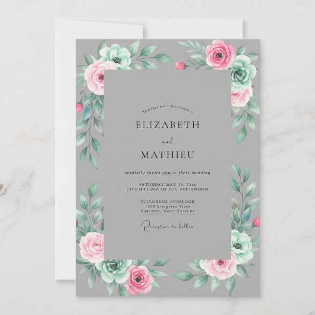 Grey Soft Watercolor Floral Wedding Invitation (Front)