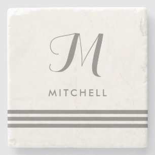 Grey Sophisticated Stripes   Name and Monogram Stone Coaster