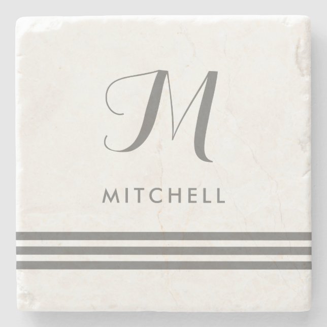 Grey Sophisticated Stripes | Name and Monogram Stone Coaster (Front)