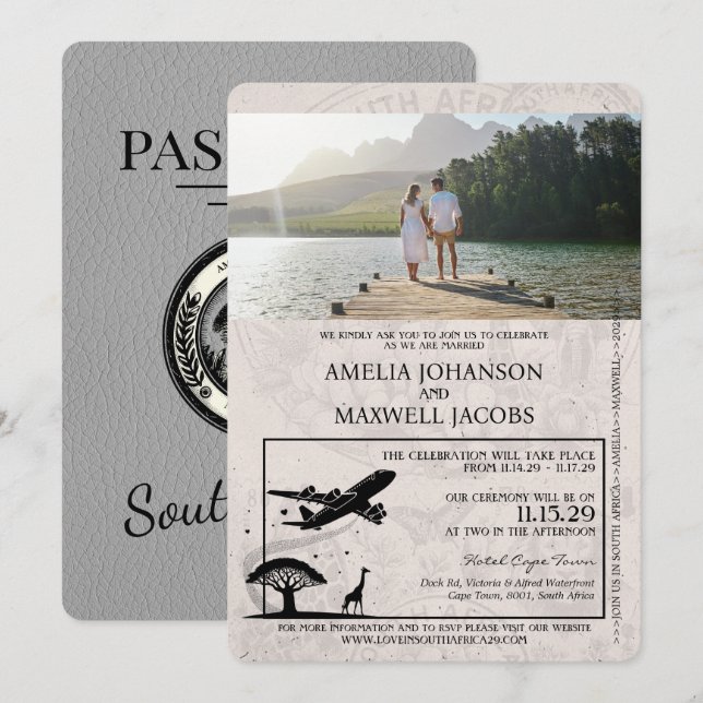 Grey South Africa Passport Wedding Invitation (Front/Back)