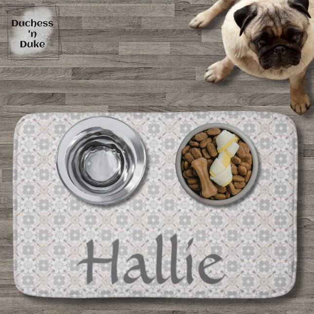 Grey Spanish Tile Personalised Pet Food Mat (Dog Food Bowl - Gray Spanish Tile Personalized)