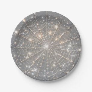 Grey Sparkle Spiderweb Halloween Party Paper Plate