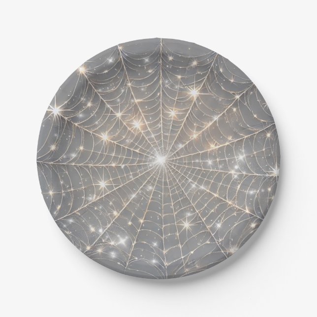 Grey Sparkle Spiderweb Halloween Party Paper Plate (Front)