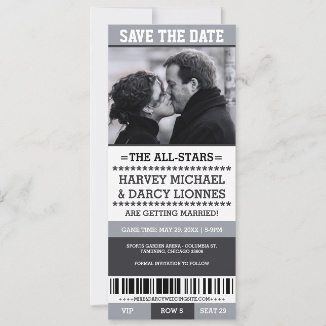 Grey Sports Ticket Save the Date (Front)