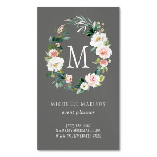 Grey Spring Blush Floral Wreath Monogram Magnetic Business Card
