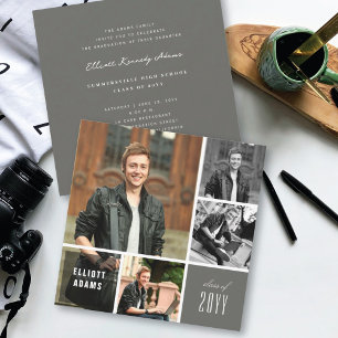 Grey Square 4 Photo Modern High School Grad Party Invitation