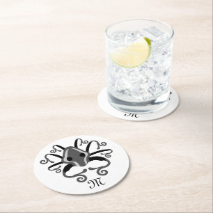 Grey Squid Monogram Round Paper Coaster
