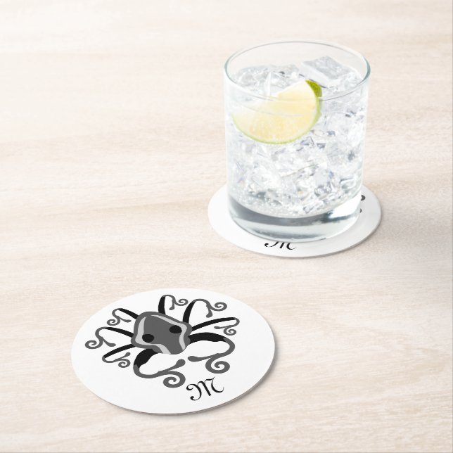 Grey Squid Monogram Round Paper Coaster (Insitu)