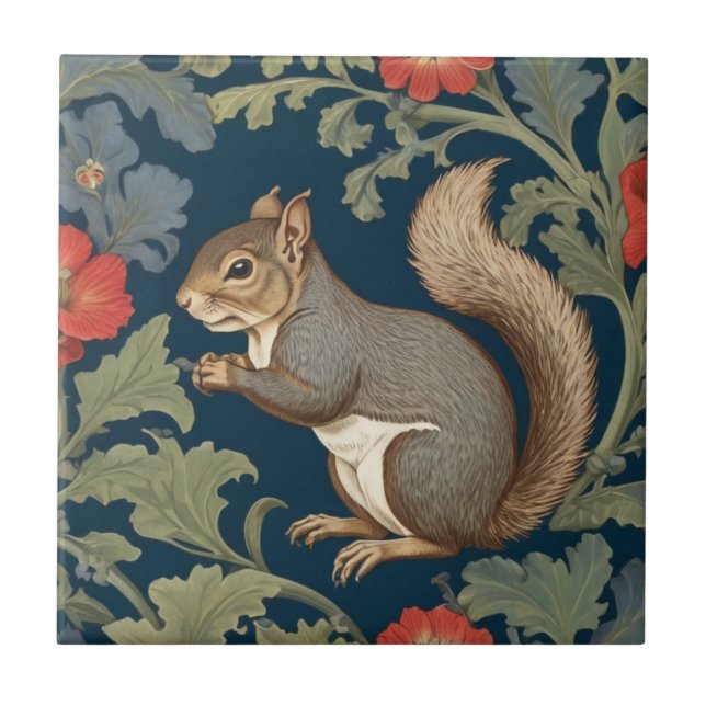 Grey Squirrel William Morris style Left Facing Ceramic Tile (Front)